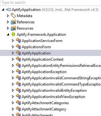 Screenshot of dotPeek Assembly Explorer showing AptifyApplication expanded wth various class names