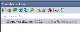 Screenshot of dotPeek Assembly Explorer showing AptifyApplication assembly
