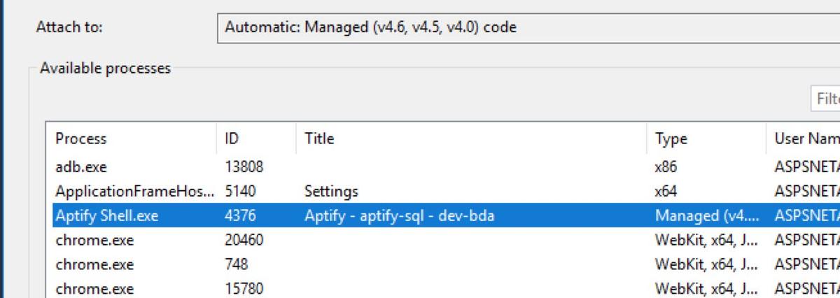 Screenshot of Attach window in Visual Studio displaying a list of running processes including Aptify Shell.exe