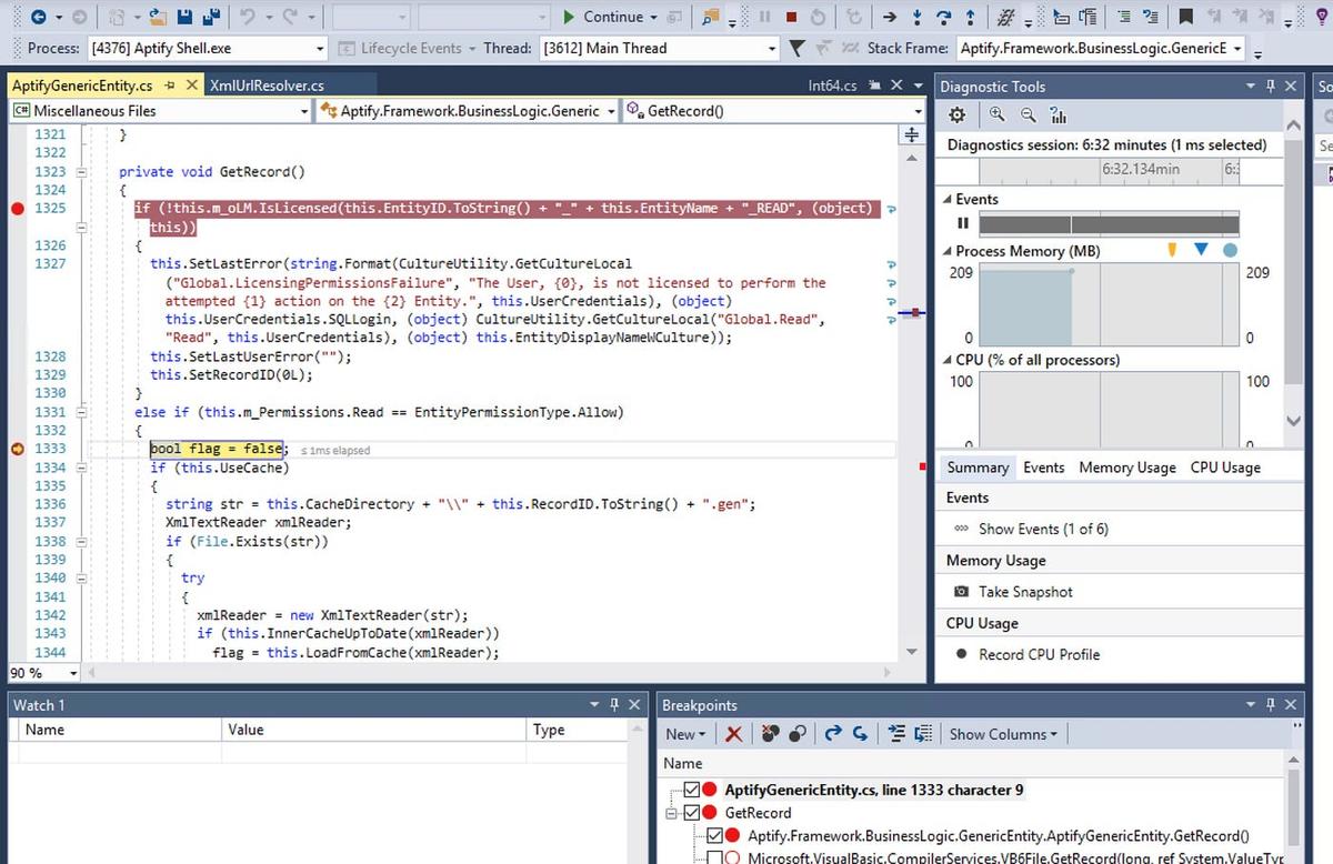 Screenshot of Visual Studio showing breakpoint being hit