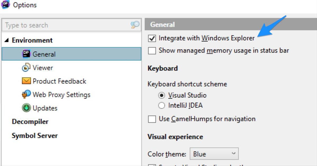 Screenshot of dotPeek Options window showing Integrate with Windows Explorer option