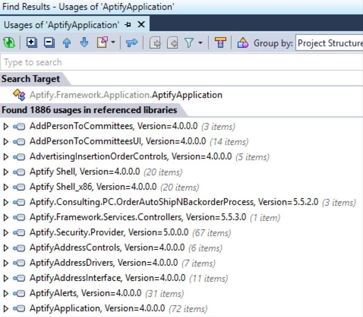 Screenshot of dotPeek showing many usages of AptifyApplication