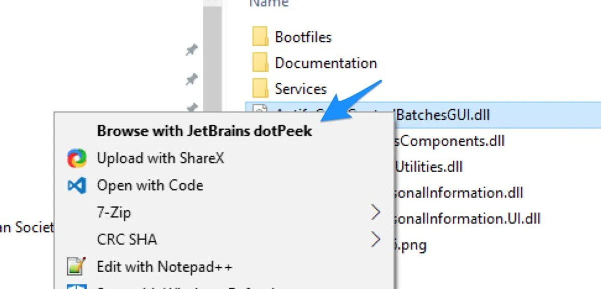 Screenshot of Windows Explorer file context menu with Browse with dotPeek option.