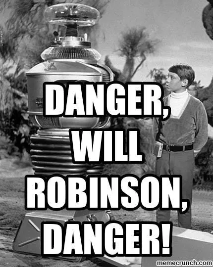 Lost in Space characters with white Danger Will Robinson text