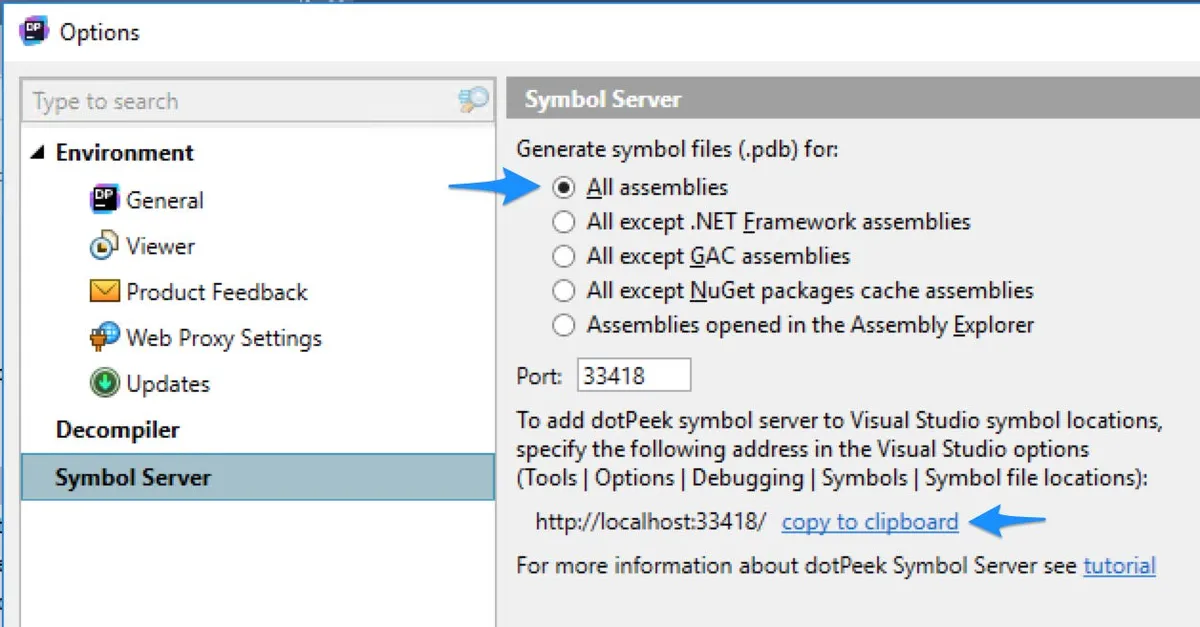 Screenshot of dotPeek options Symbol Server panel