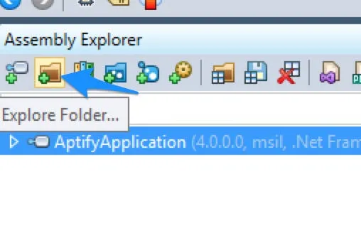 Screenshot of dotPeek showing Explore Folder action button in Assembly Explorer