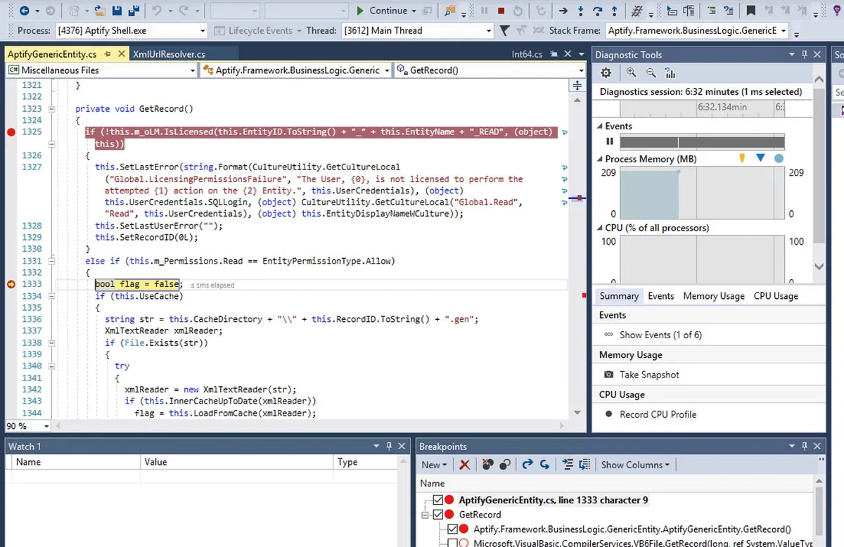 Screenshot of Visual Studio showing breakpoint being hit
