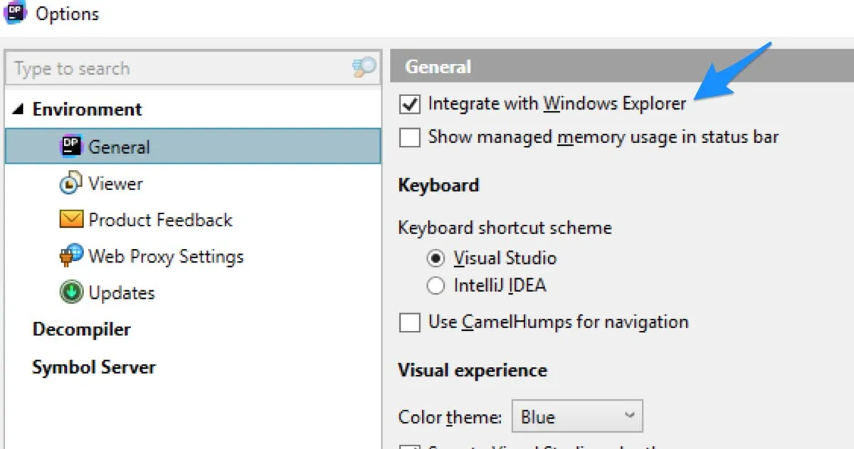 Screenshot of dotPeek Options window showing Integrate with Windows Explorer option