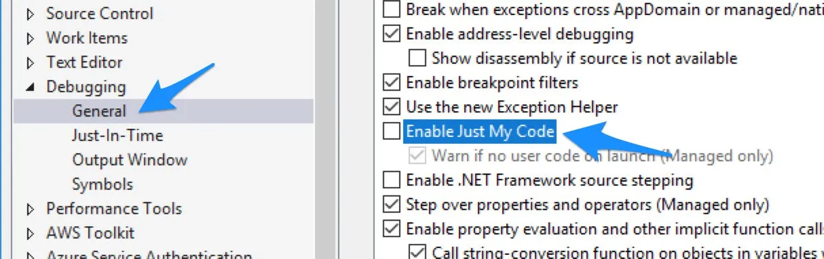 Screenshot of Visual Studio options General Debugging panel showing the Enable Just My Code option