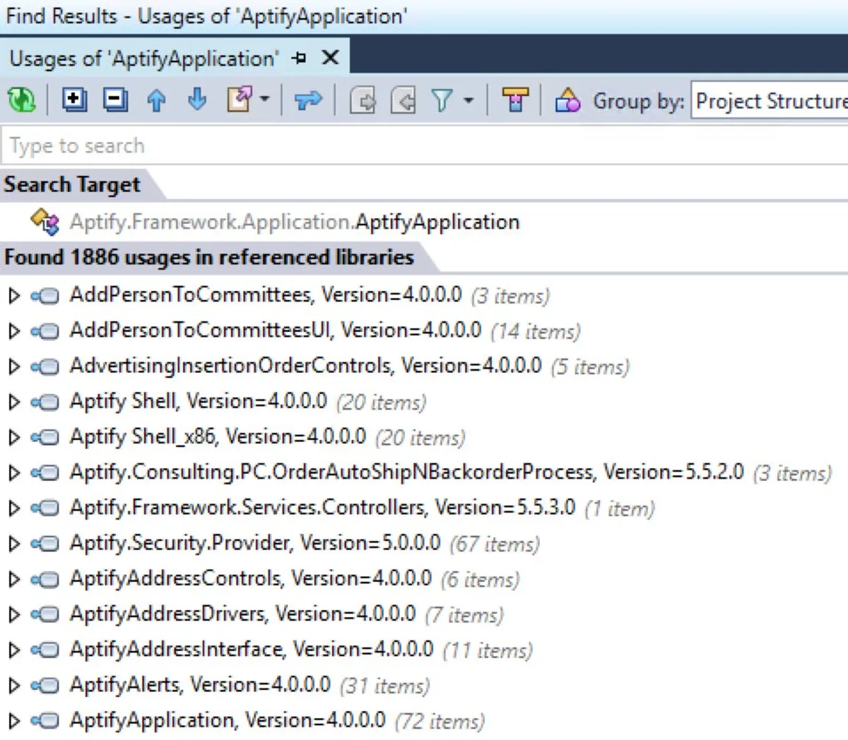 Screenshot of dotPeek showing many usages of AptifyApplication