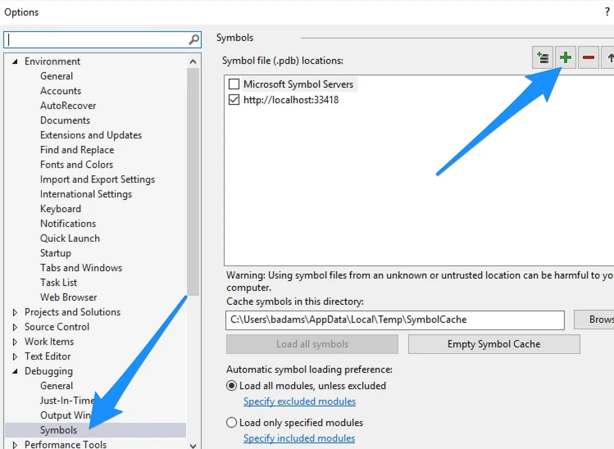 Screenshot of Visual Studio options Debugging Symbols panel